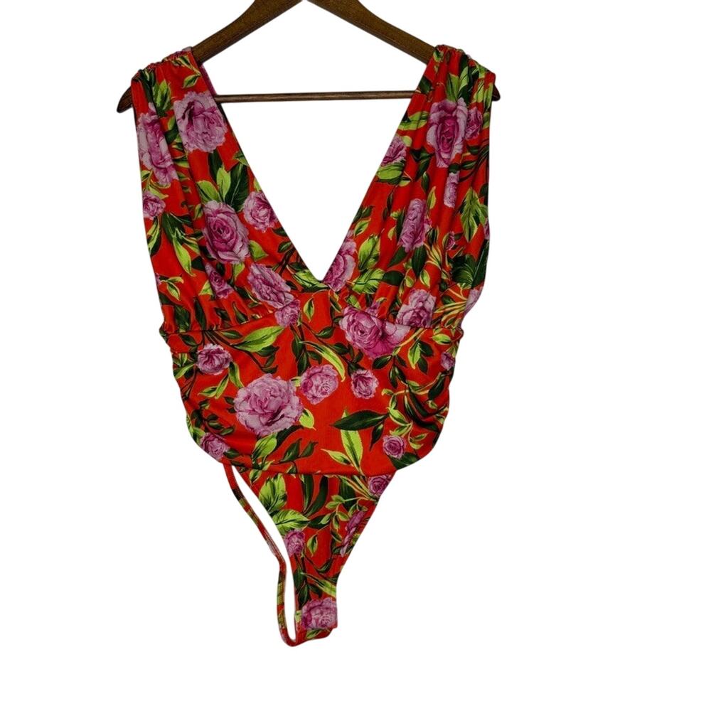 Zara One Piece Swimsuit Floral Print Red Pink Green Size L Vintage Style Bold